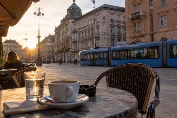 A wide cafe-lined square in a Central European capital, trams crossing behind the tables, Zagreb, Croatia