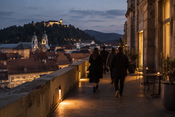 A small group walking a lit city promenade after dark, warm lamplight on the pavement and tall fronts behind them, Neboticnik, Ljubljana