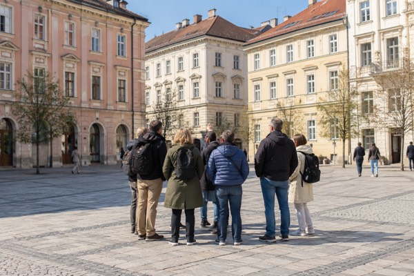 A compact group standing close round their guide on an open paved square, bags and jackets, Prešeren Square, Ljubljana