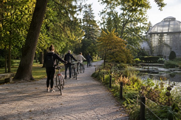A line of old steel-framed bicycles on a gravel park path, riders standing beside them under tall trees, Ljubljana Botanical Garden, Ljubljana