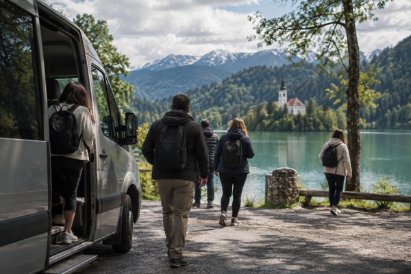 A minibus pulled in at a lakeside stop, a group climbing out with green water and wooded slopes behind them, Lake Bled, Bled