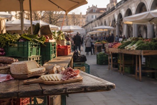 A tasting plate of cured meat, cheese and bread on a market trestle, stacked crates behind it, Ljubljana Central Market, Ljubljana