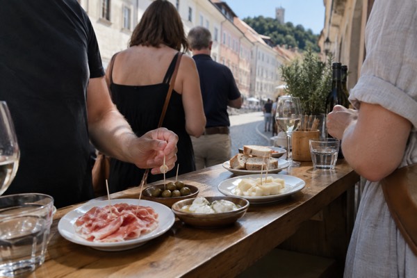 Small plates and glasses on a wooden counter in a narrow old-town lane, a group standing round tasting, Ljubljana Old Town, Ljubljana