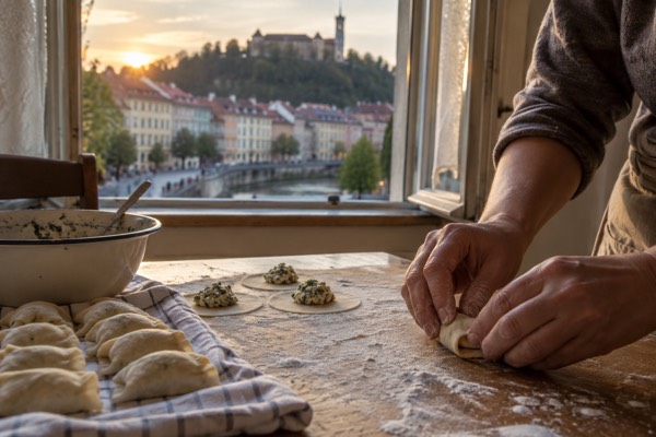 Hands rolling thin dough round a filling on a floured wooden table, more rolls resting on a cloth beside them, Ljubljana Old Town, Ljubljana