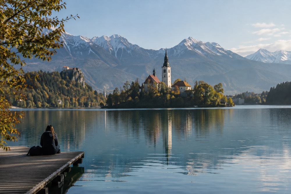 Lake Bled with the island church and the Julian Alps behind, seen across still water