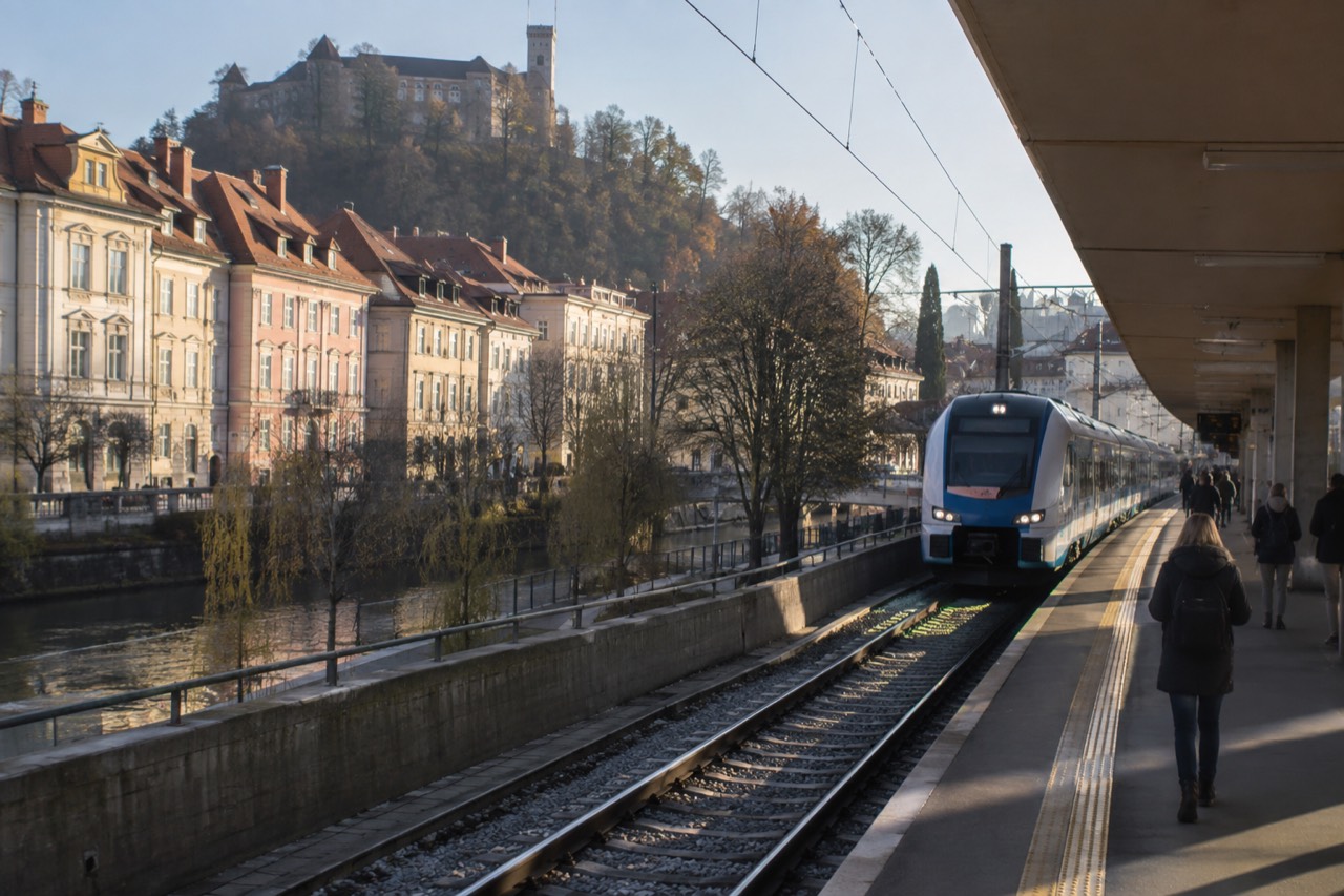 A train pulling into Ljubljana railway station platform under a clear morning sky