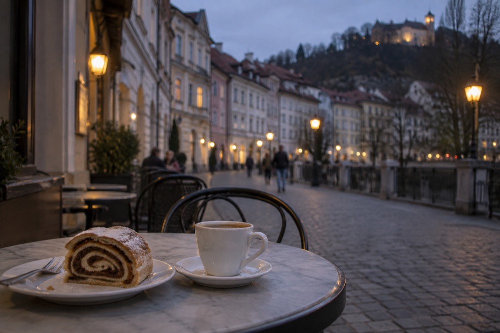 A cup of espresso coffee and a slice of rolled pastry on a small marble café table