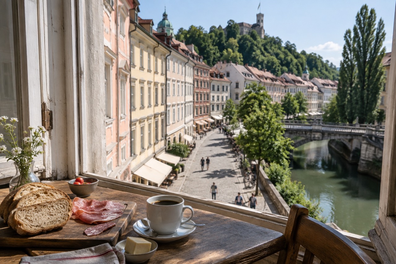 A rustic breakfast table with sliced bread, cured meat and coffee beside a window in an old town street