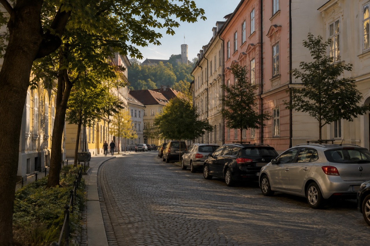 A quiet tree-lined street in central Ljubljana with parked cars along the edge and old buildings on either side