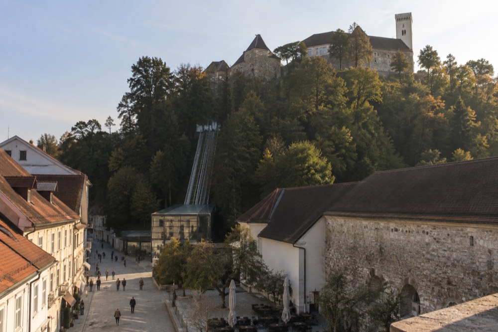 The funicular station at the foot of Castle Hill beside the old town street