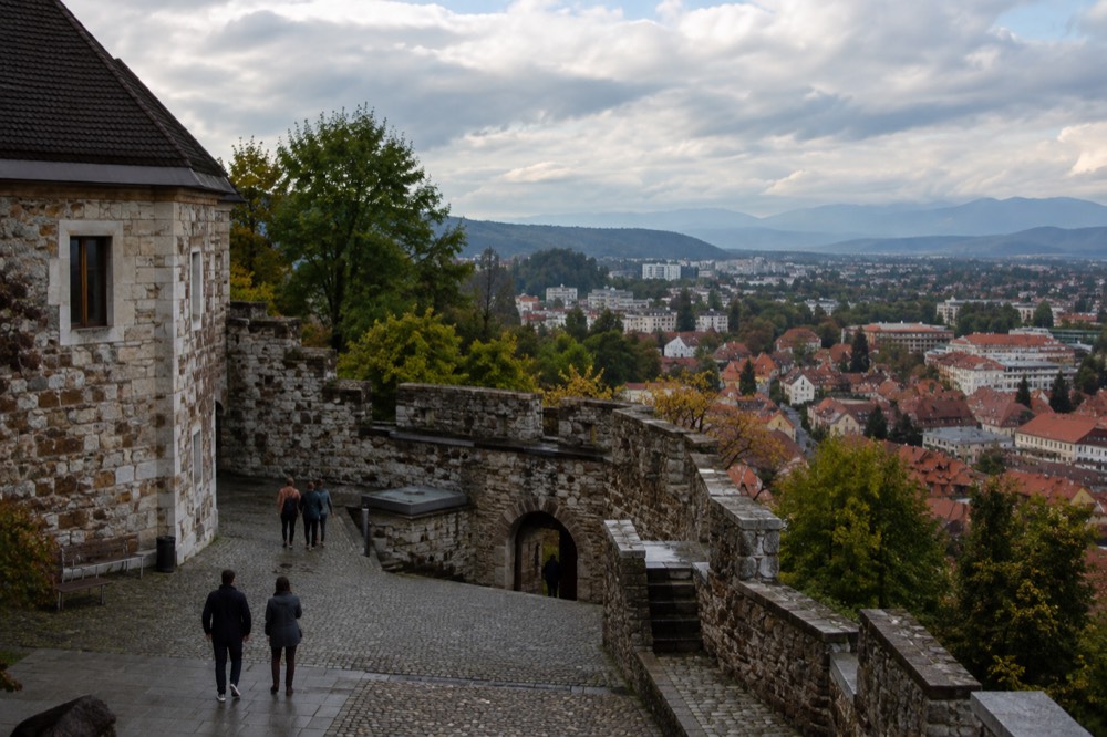 Ljubljana Castle on its hill above the red rooftops of the old city centre