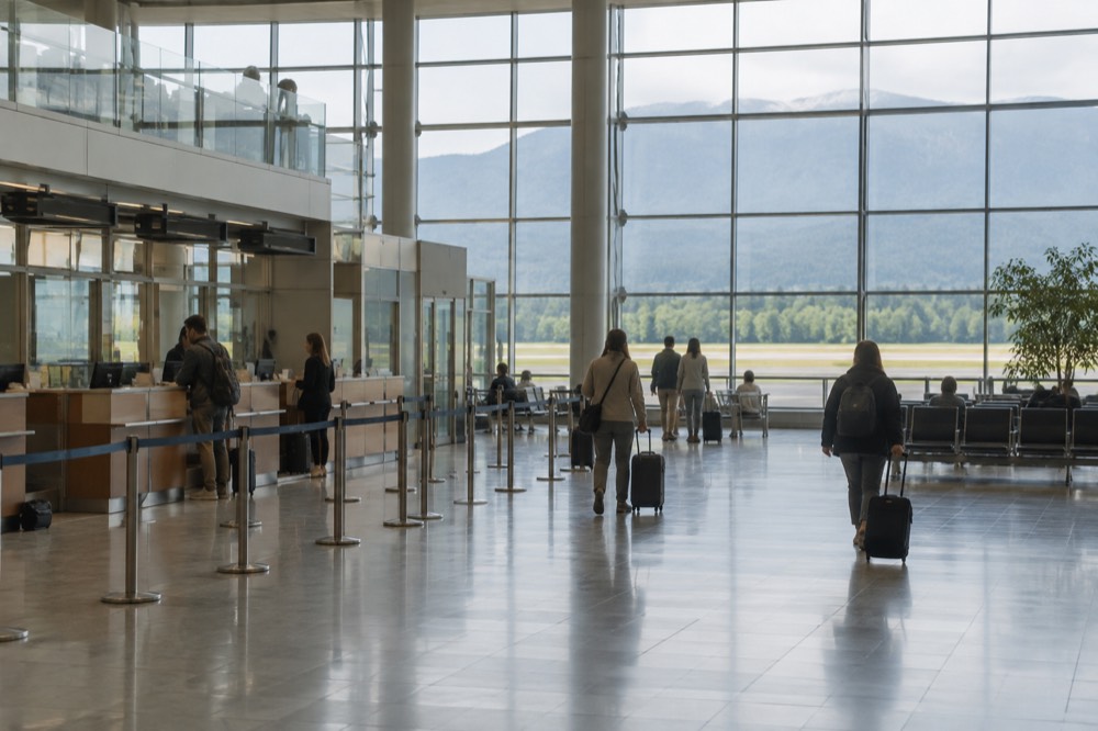 The departures hall of a small regional airport with check-in desks and an airline counter