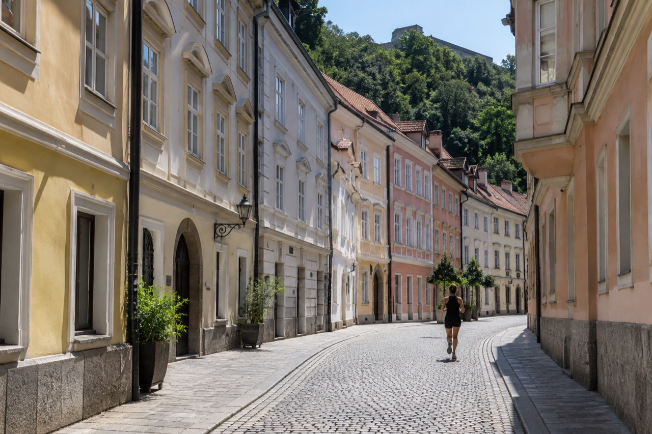 Quiet cobbled street in old Ljubljana with pastel facades and empty morning light
