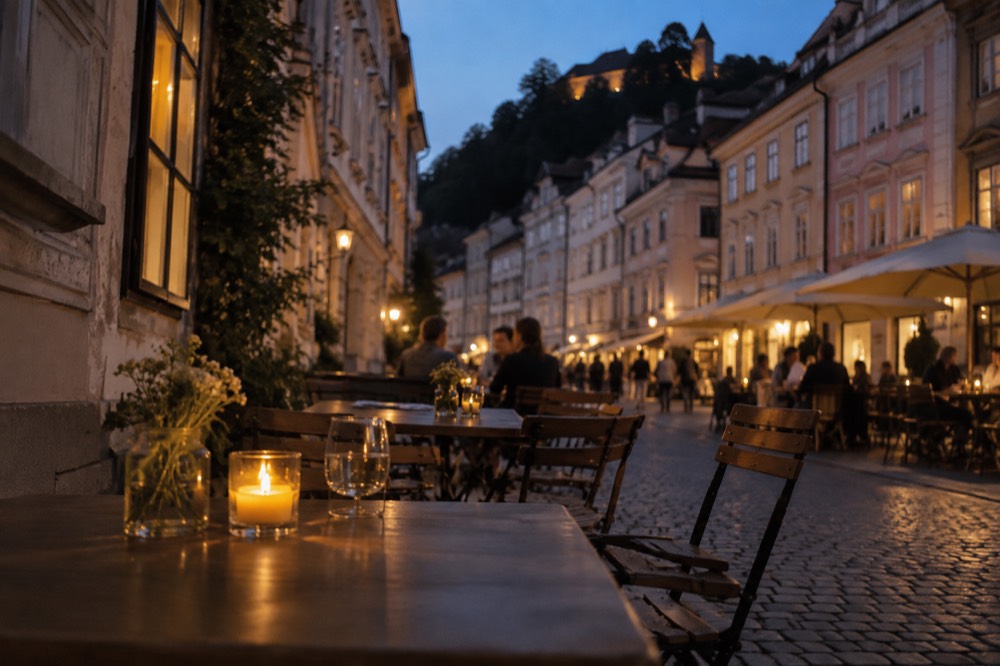 Outdoor tables along a cobbled street in central Ljubljana at dusk