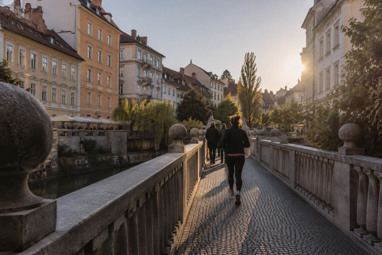 Pastel coloured baroque buildings along the Ljubljanica river with a stone bridge in the foreground