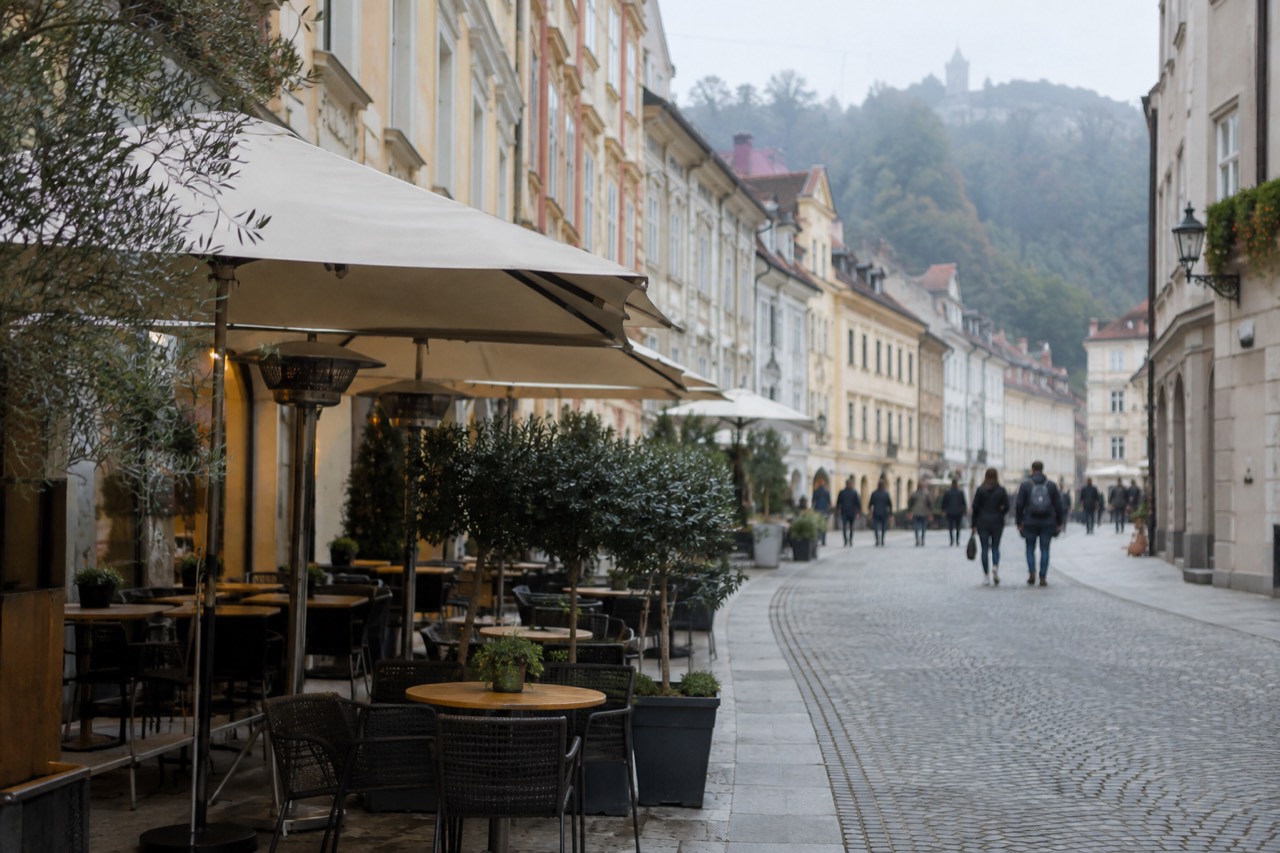 Café tables and painted building facades along a pedestrian street in central Ljubljana