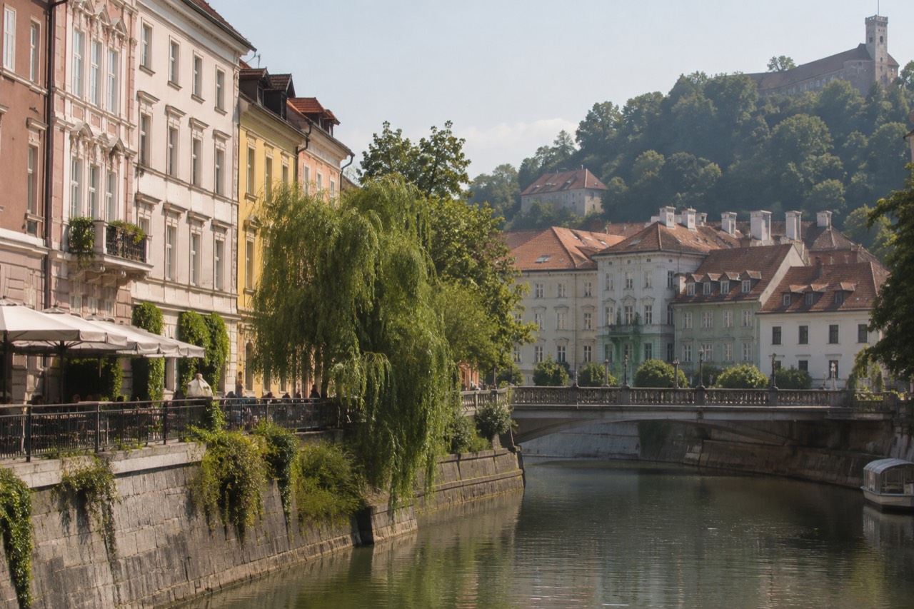 Ljubljana old town rooftops and the Ljubljanica river on a clear morning