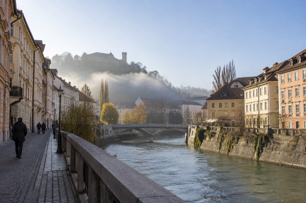 Fog resting over a river valley with wooded hills rising into clear light above