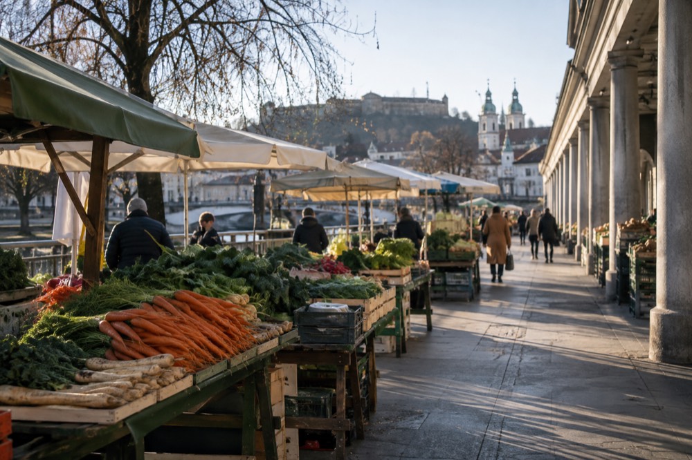 Market stalls with fresh produce on Vodnikov trg in Ljubljana