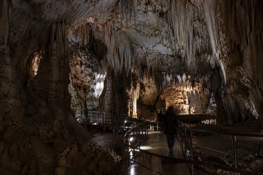 Cave chamber with stalactites lit for visitors above a walkway