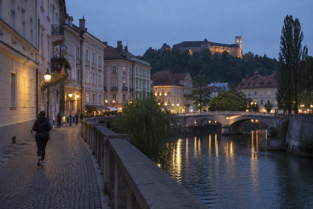 The Ljubljanica river and the old town of Ljubljana at dusk, with the castle on the hill above the city