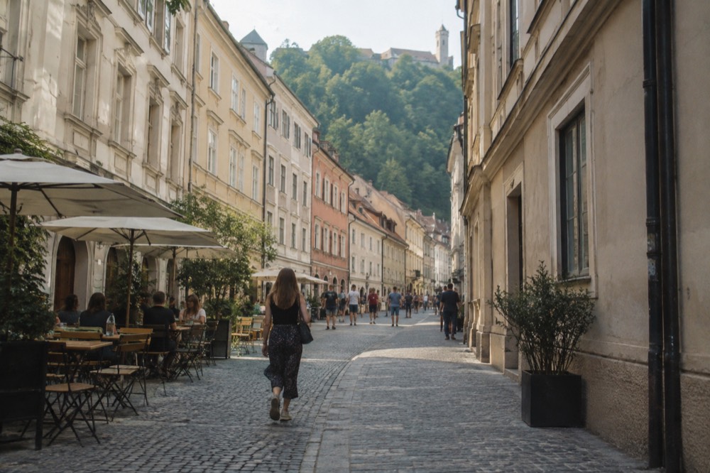 Cobbled street with cafés in Ljubljana's pedestrianised Old Town
