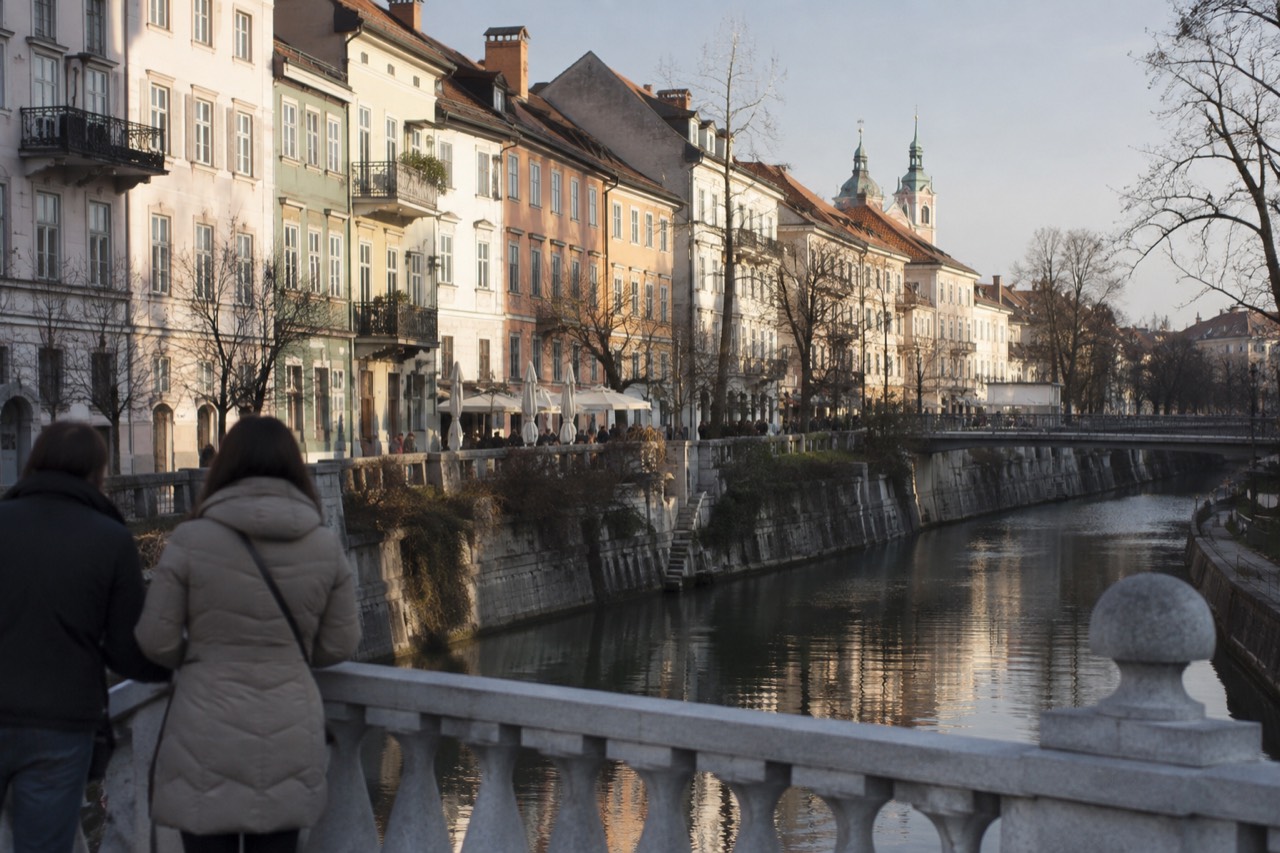 Pastel buildings above the Ljubljanica river in central Ljubljana