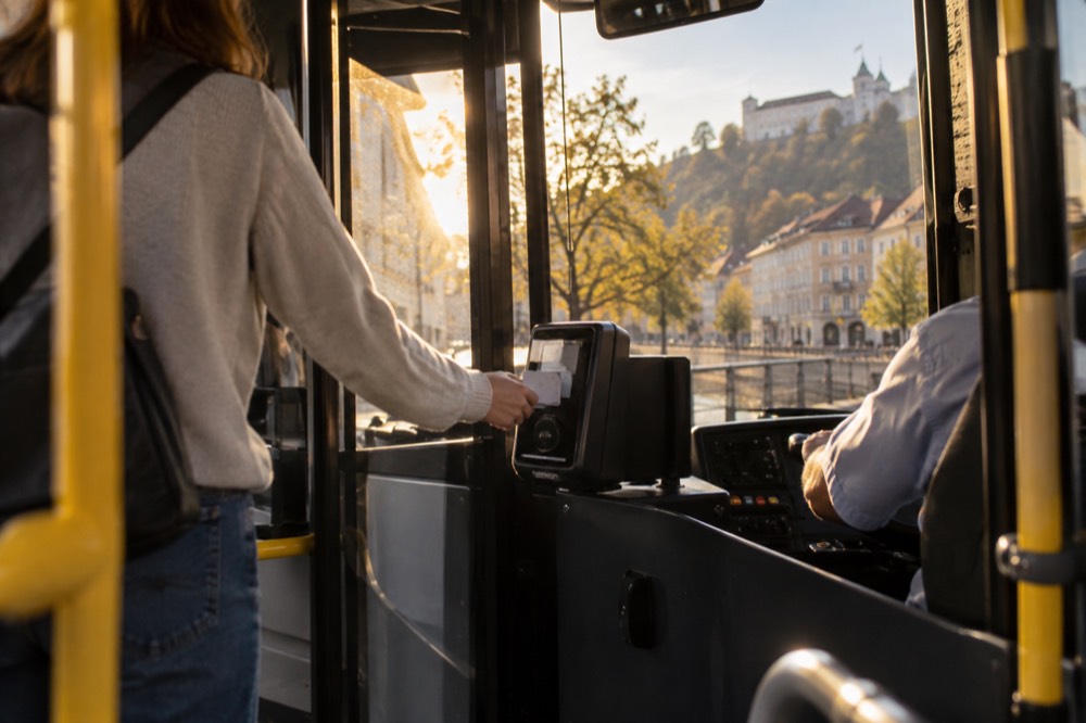 A passenger tapping a contactless card on the reader beside a bus driver in Ljubljana