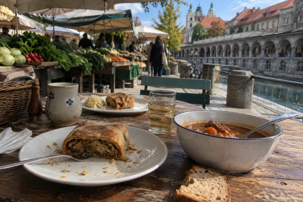 A table set with Slovenian dishes including rolled pastry and a bowl of stew