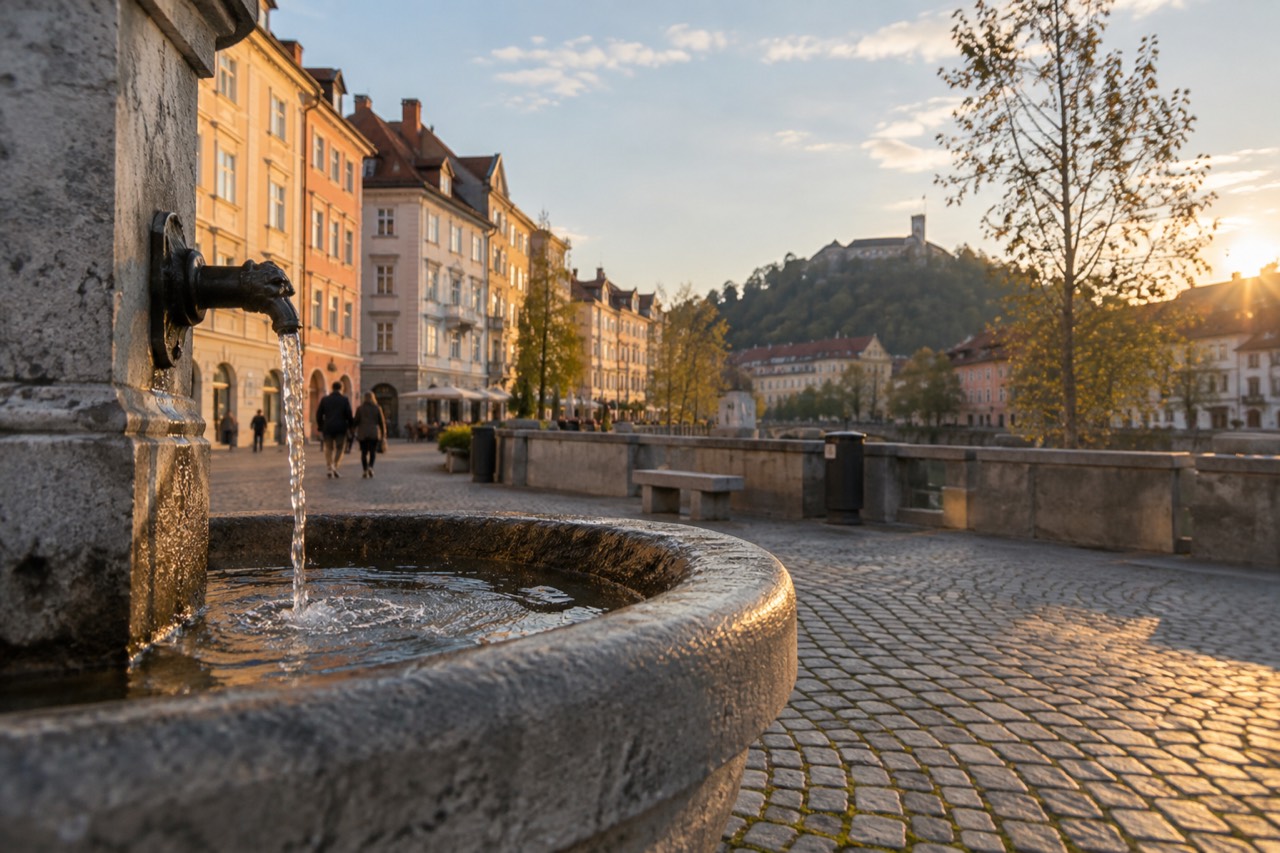 A stone drinking fountain in a cobbled square beside a river, with pastel buildings in the background