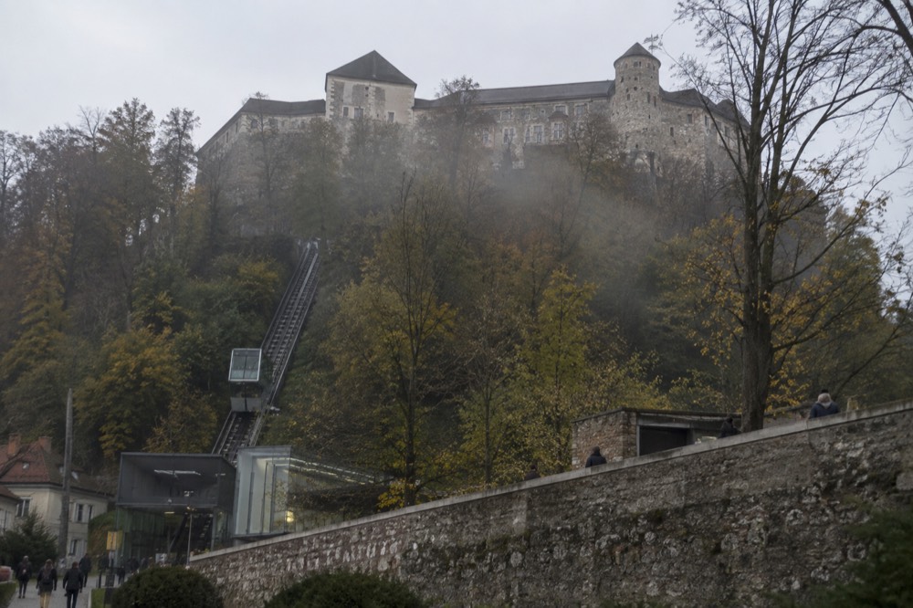 The Ljubljana Castle funicular station below the castle hill in the late afternoon