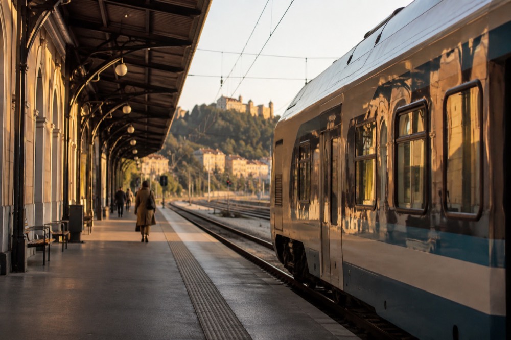 A passenger train standing at a platform beside a railway station building in Slovenia