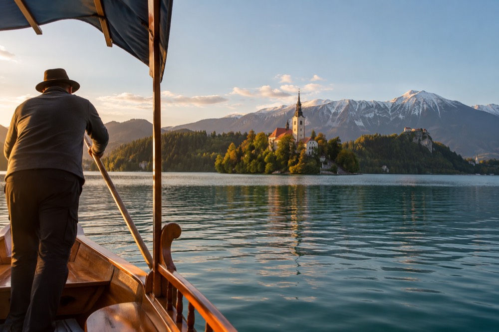 A wooden pletna boat on the turquoise water of Lake Bled with the island church in the background
