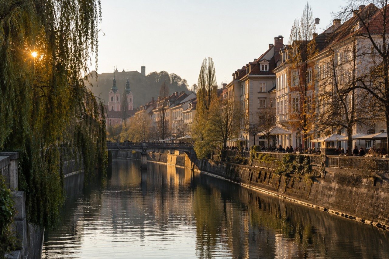 The Ljubljanica river and the old city centre of Ljubljana seen from a bridge at golden hour