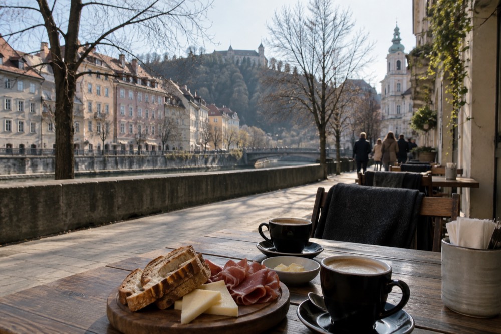 A rustic wooden table with bread, cheese, ham and coffee in a Ljubljana café