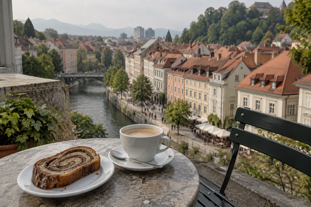 A slice of rolled potica pastry beside a cup of milky coffee on a café table