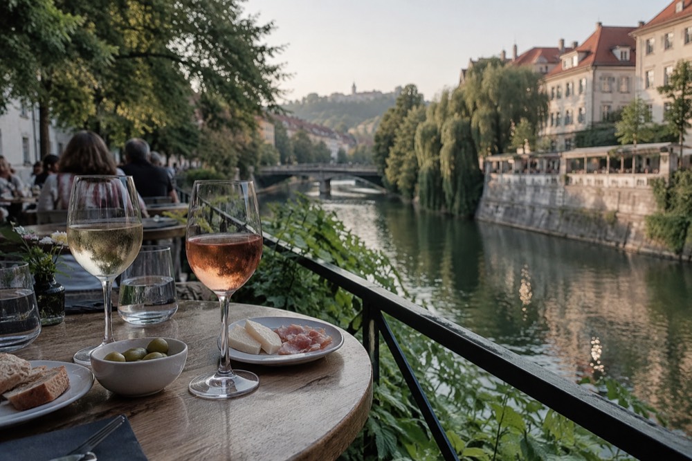 A table of Slovenian wine glasses and small tasting plates beside the Ljubljanica river