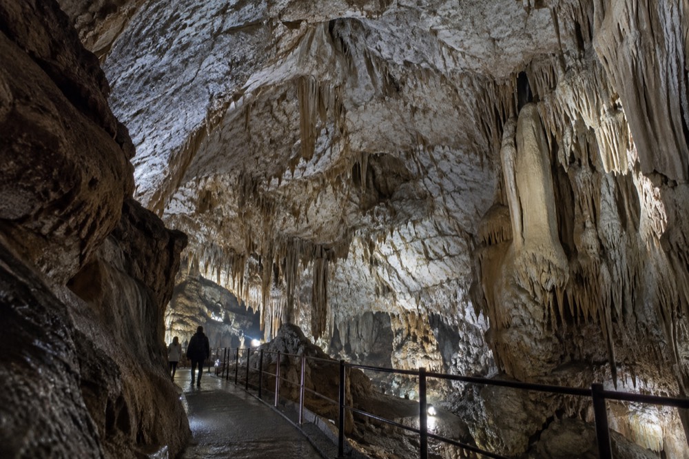 The illuminated interior of a large limestone cave with a walkway along its wall