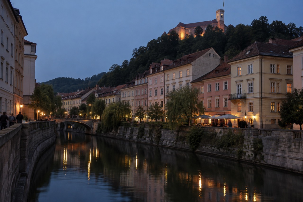 Pastel buildings reflected in a calm river beneath a hilltop castle at dusk
