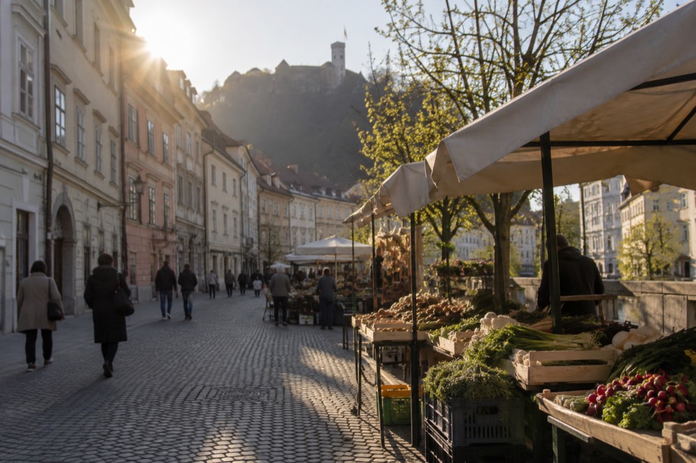 A market stall with handwritten Slovene price signs beside the riverside market halls