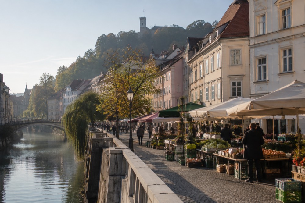 Market stalls with fresh produce on a stone square beside a riverside arcade