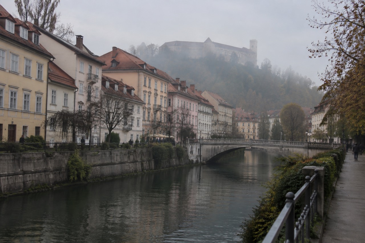 Ljubljana Old Town rooftops with the castle on its hill above the Ljubljanica river