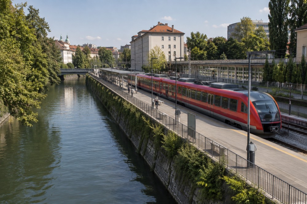 A red Slovenian rail train at a platform beside the Ljubljanica river in central Ljubljana
