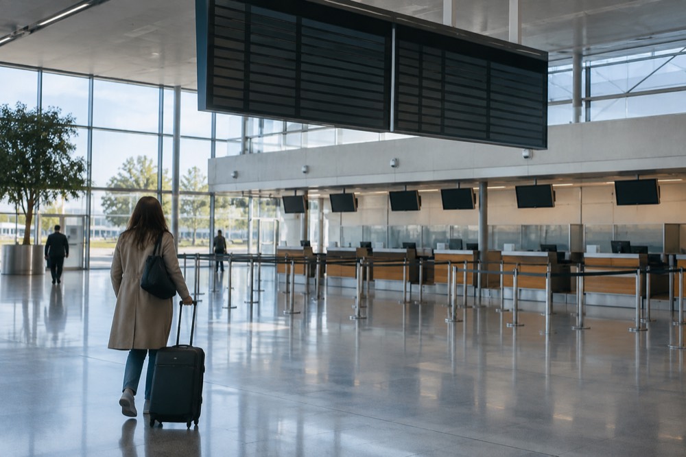 A departures board above an empty check-in hall in a small airport