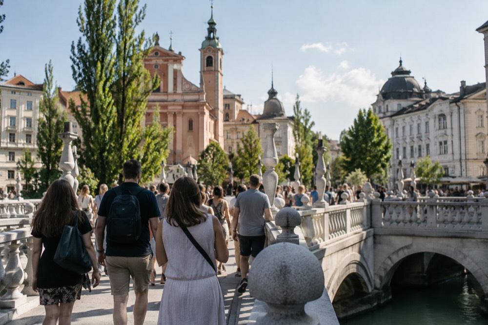 The Triple Bridge crossing the Ljubljanica with the church tower behind it in morning light