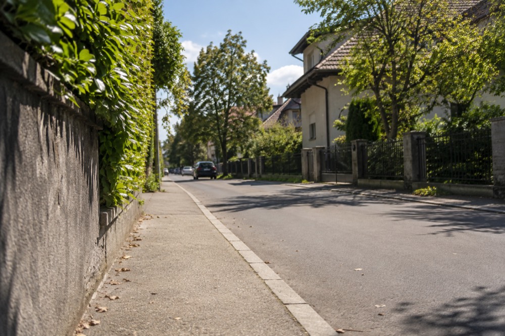 Tree-lined residential street in Trnovo with low houses and gardens in warm afternoon light