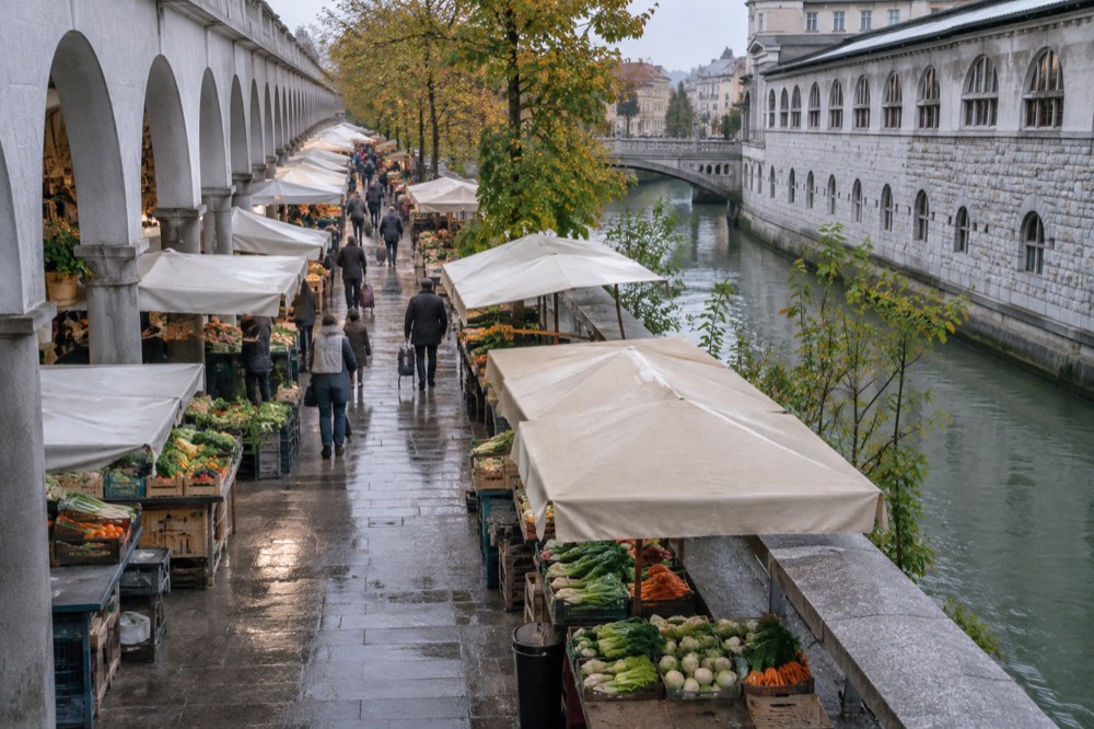 Market stalls with fresh produce under covered arcades beside a river