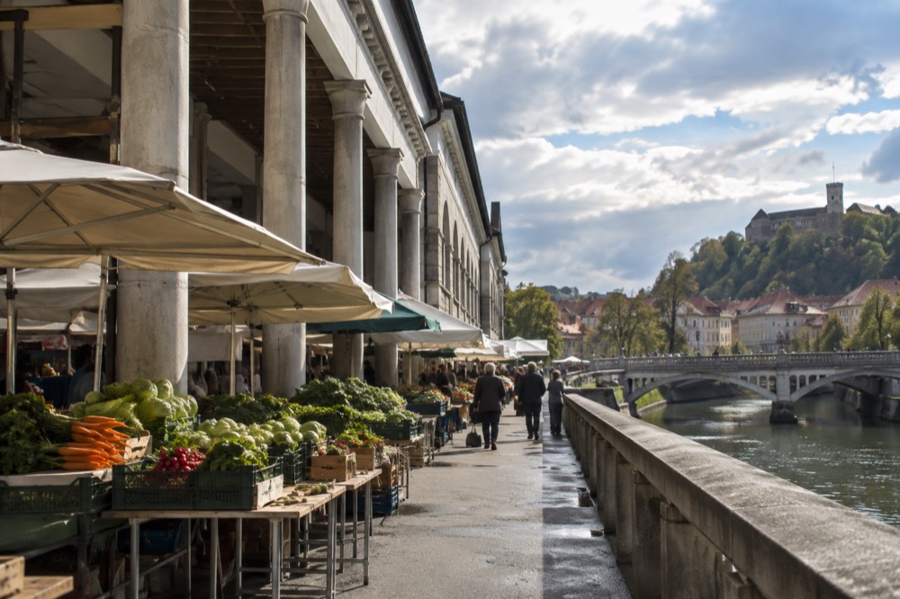 Market stalls and a covered market hall beside a river with a bridge beyond