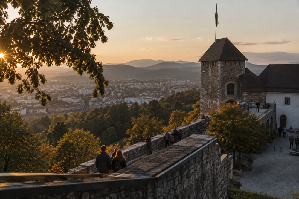 A stone viewing tower with a flag seen from castle ramparts