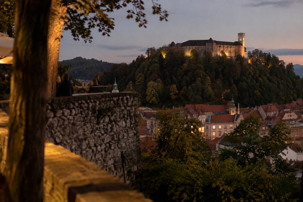 A hilltop castle with a tower above a red-roofed city at dusk